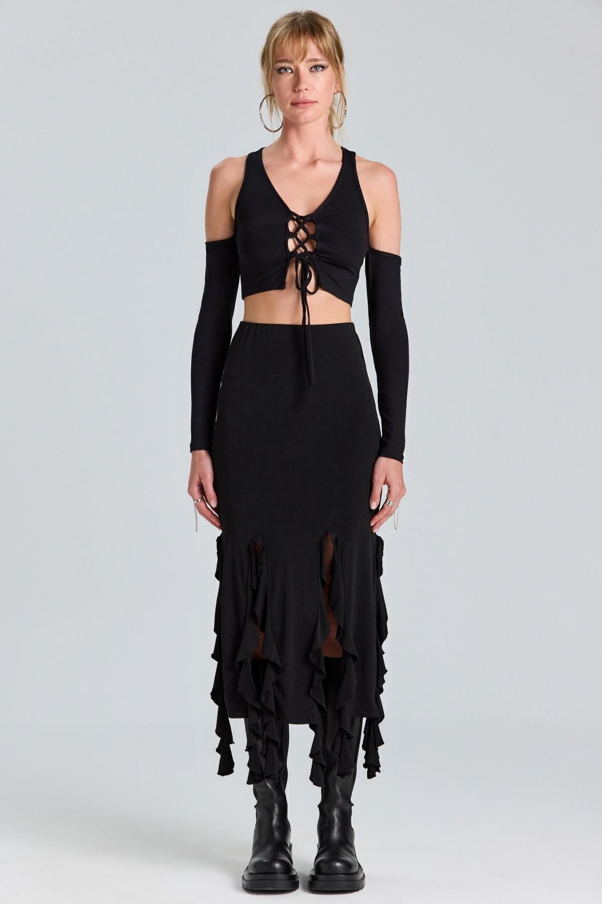 boutiquen-2783 Ruffled Long Black Skirt 4