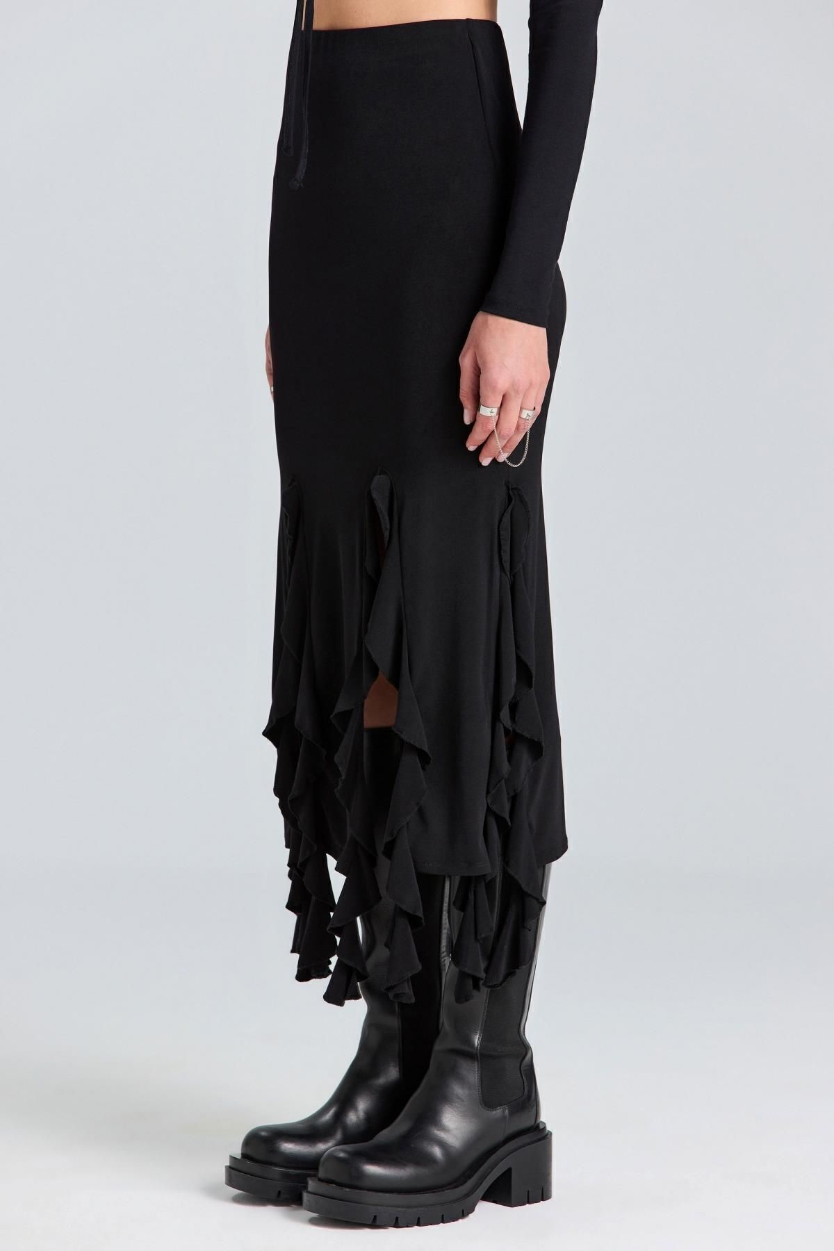boutiquen-2783 Ruffled Long Black Skirt 2