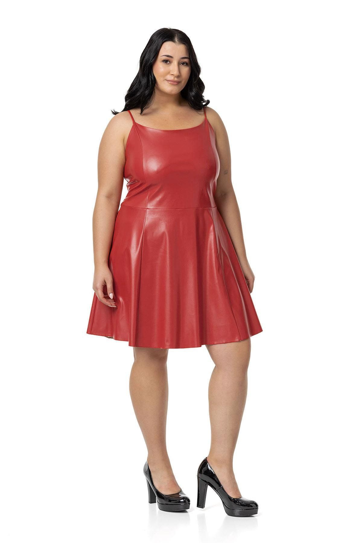 DISENTIS MODEST Red Leather Mini Dress Large Size with Adjustable Thin Straps and Elastic Back Trendyol