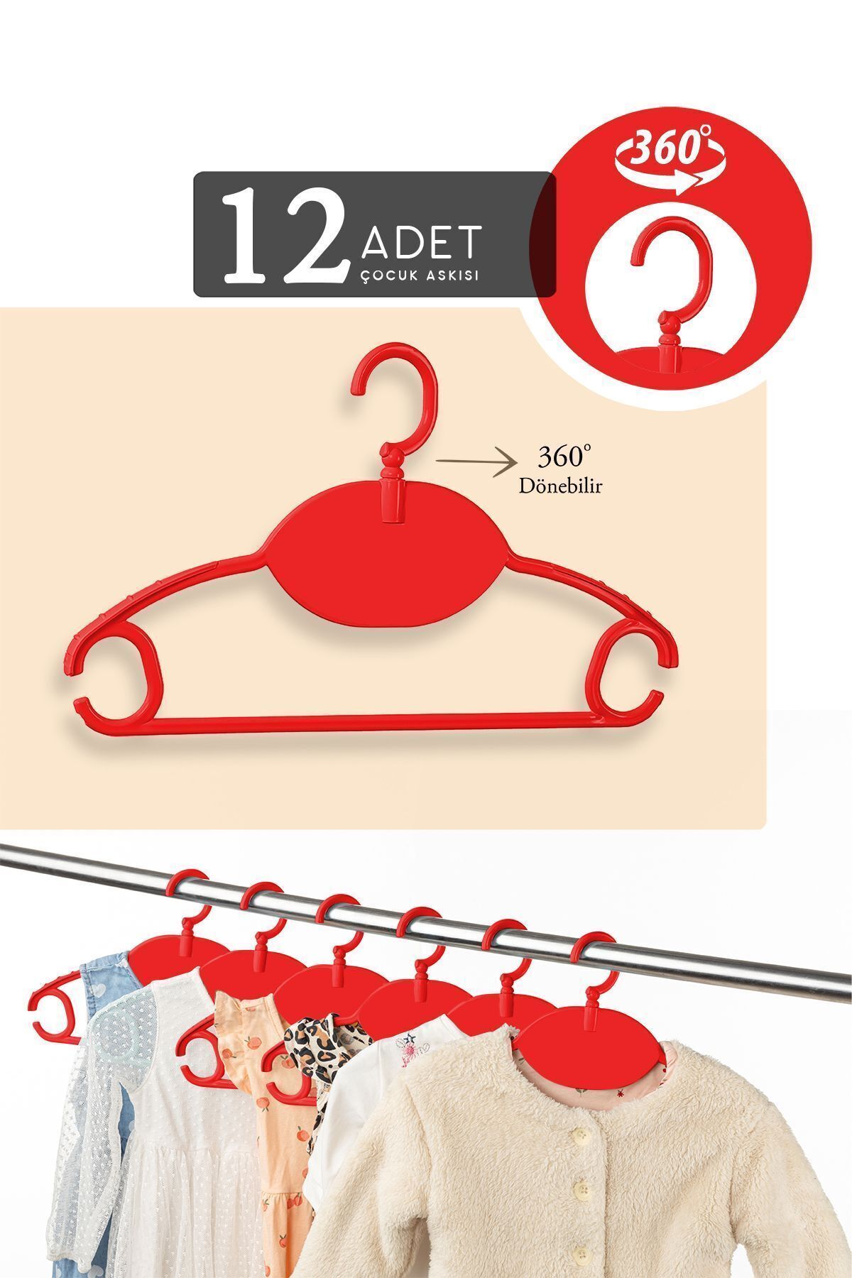 12 Pcs Baby Clothes Hanger - 360 Degree Rotatable Plastic Kids Clothes Hanger - Red