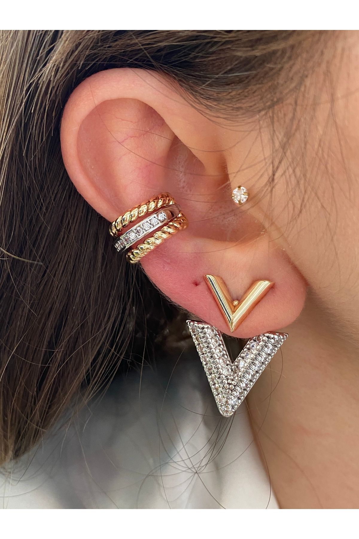 Vıp Seri - 3 Sıra Pirinç Üzeri Kaplama Pirinç Üzeri Kaplama Renk Kadın Earcuff Kıkırdak Küpe