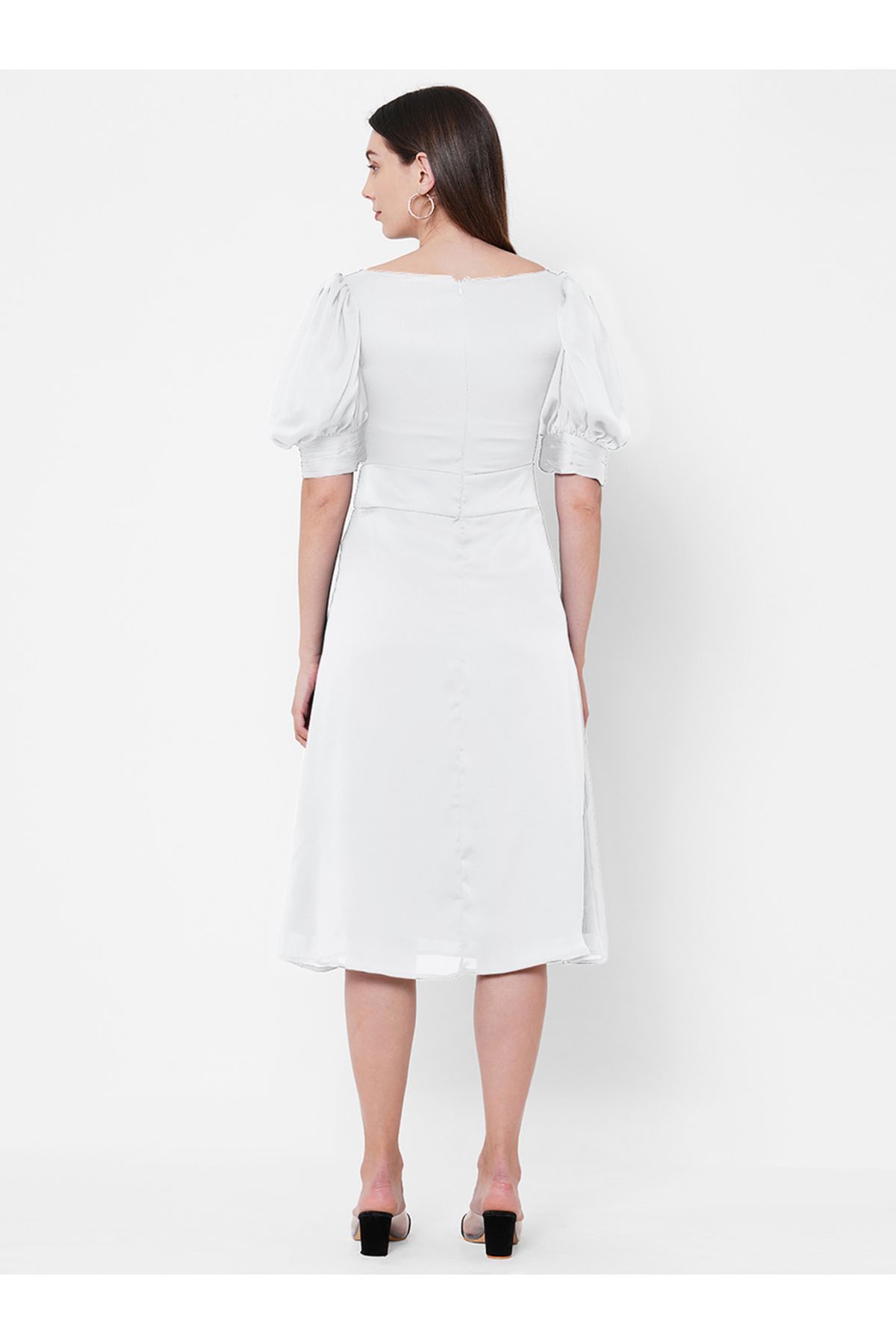 Mish By Styli-Boat Neck Chiffon Midi Dress with Puff Sleeve 2