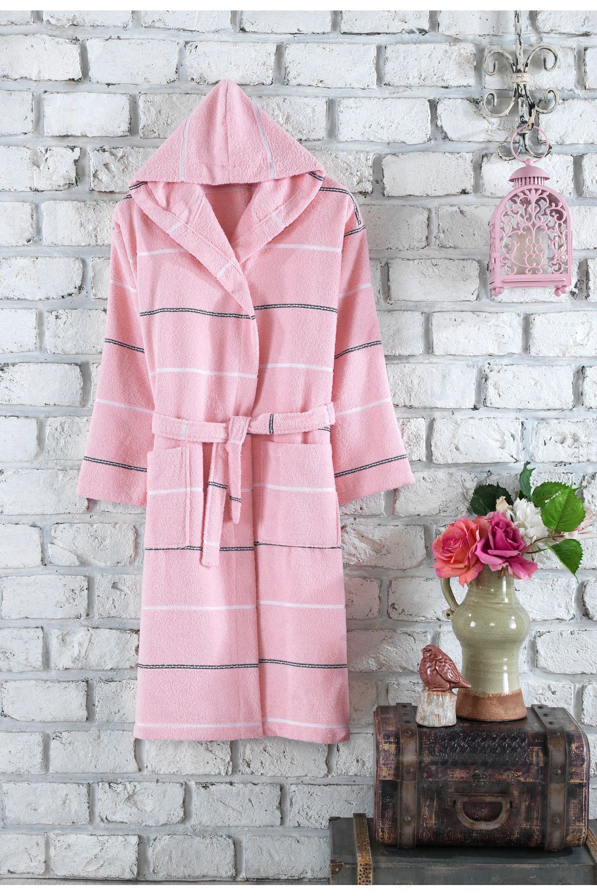 EŞMENOĞLU Pudra Çizgili Bornoz