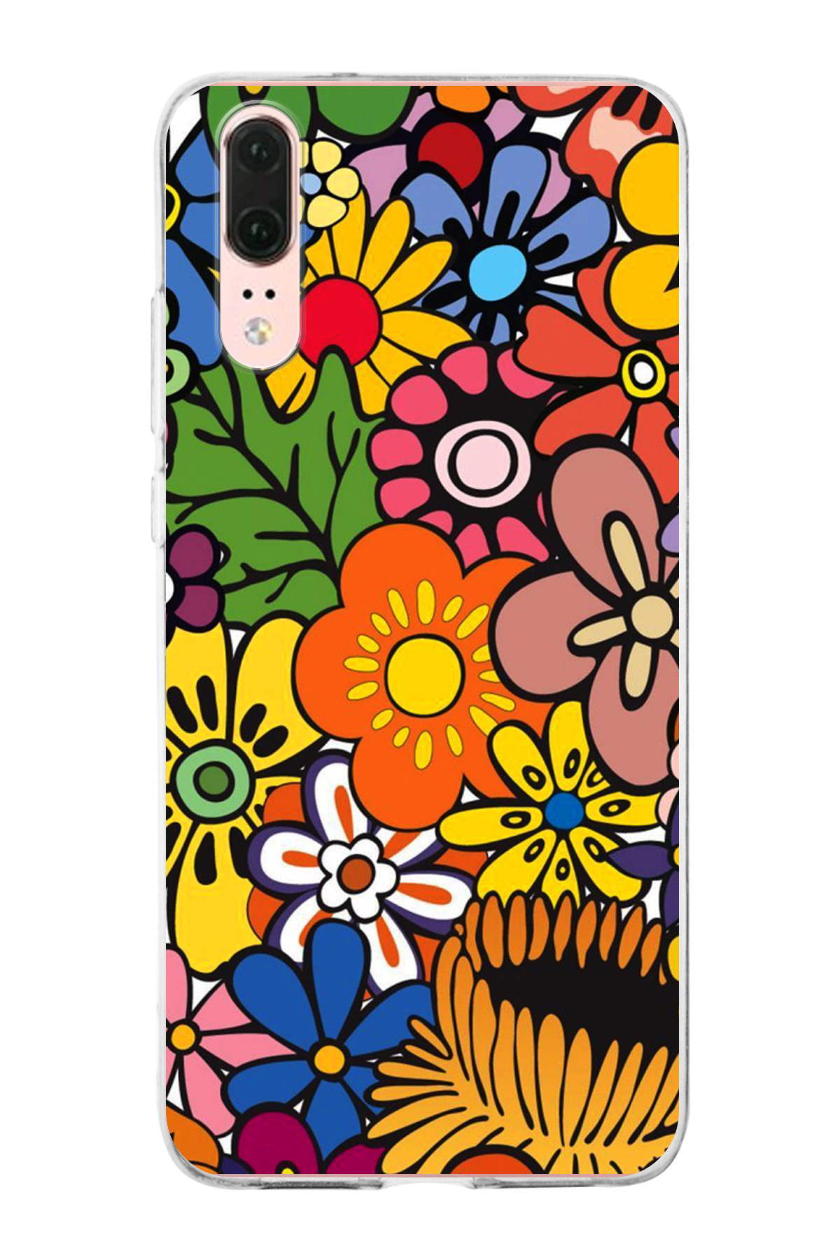 Huawei P20 ile Uyumlu 1mm Slim Fit Retro Renkler 2 Baskılı Şeffaf Kılıf