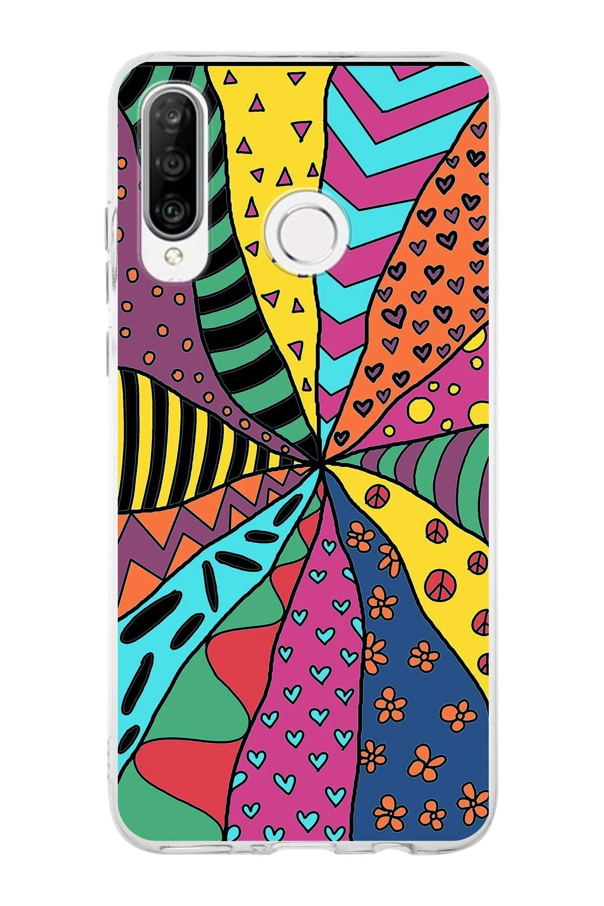 Huawei P30 Lite ile Uyumlu 1mm Slim Fit Retro Renkler 4 Baskılı Şeffaf Kılıf