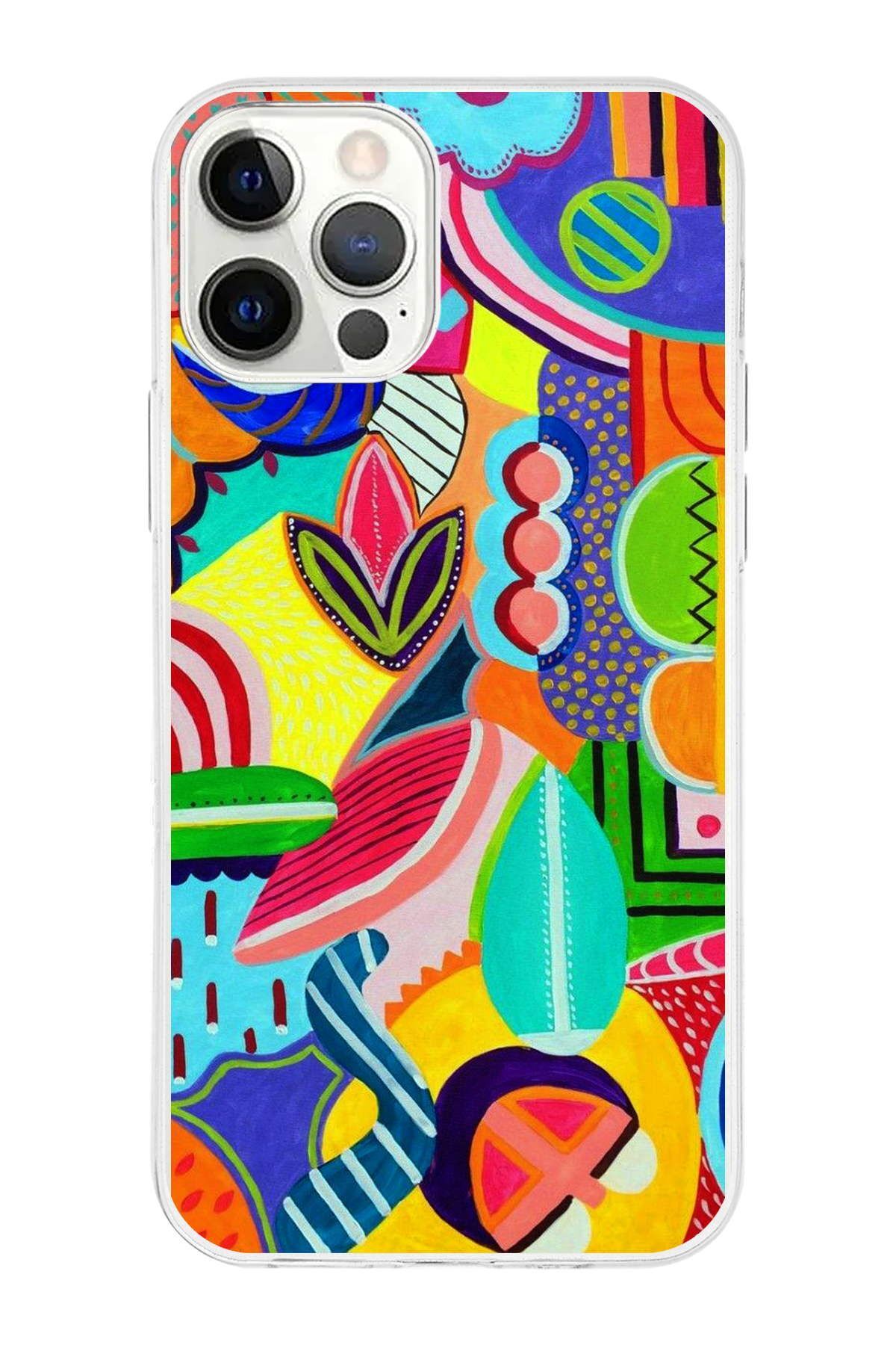 Apple iPhone 12 Pro Max ile Uyumlu 1mm Slim Fit Retro Renkler 6 Baskılı Şeffaf Kılıf