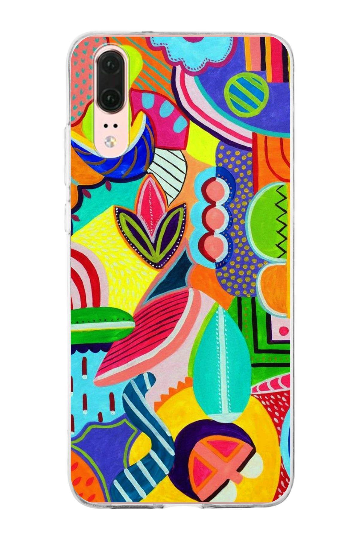 Huawei P20 ile Uyumlu 1mm Slim Fit Retro Renkler 6 Baskılı Şeffaf Kılıf