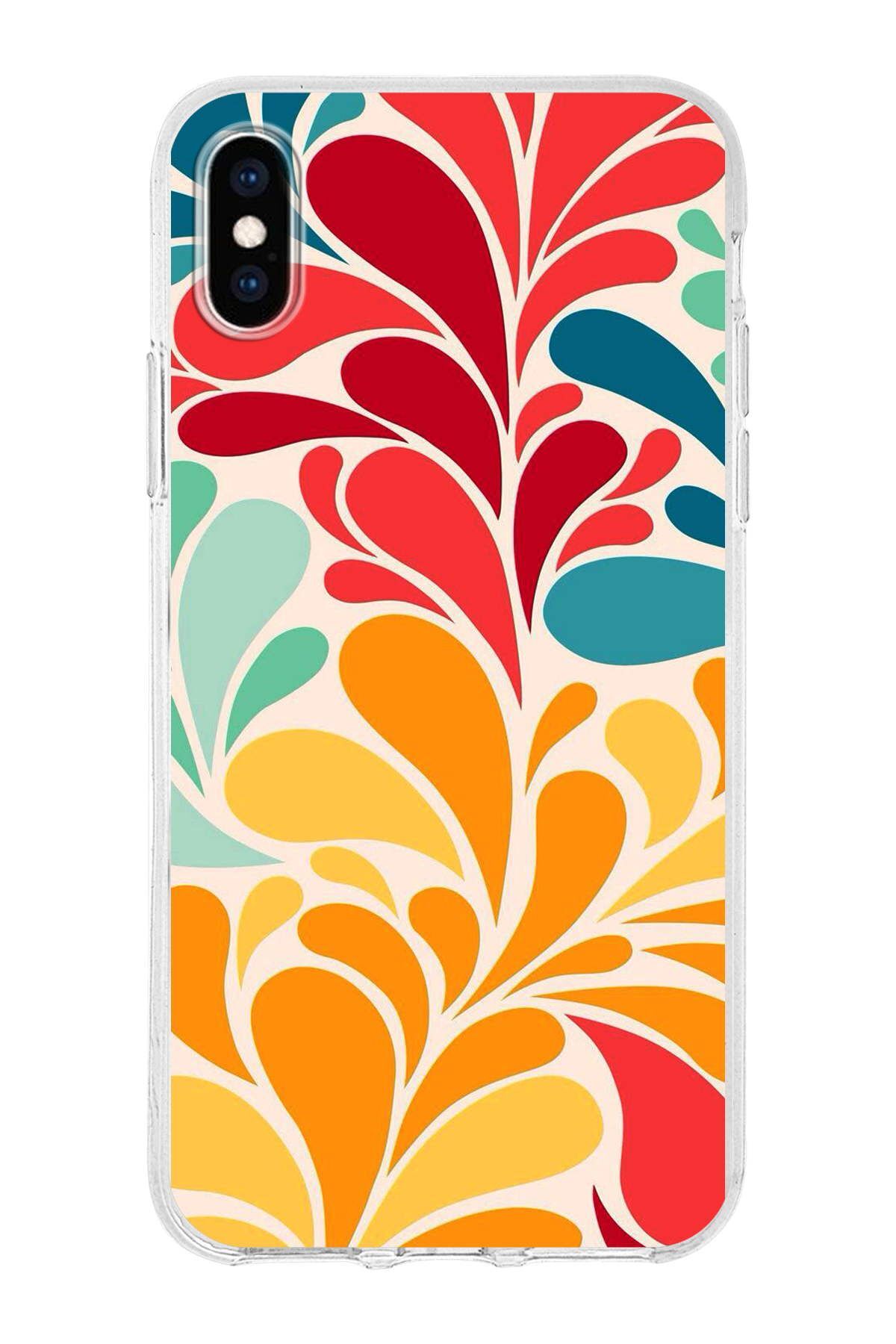 Apple iPhone X ile Uyumlu 1mm Slim Fit Retro Renkler 5 Baskılı Şeffaf Kılıf