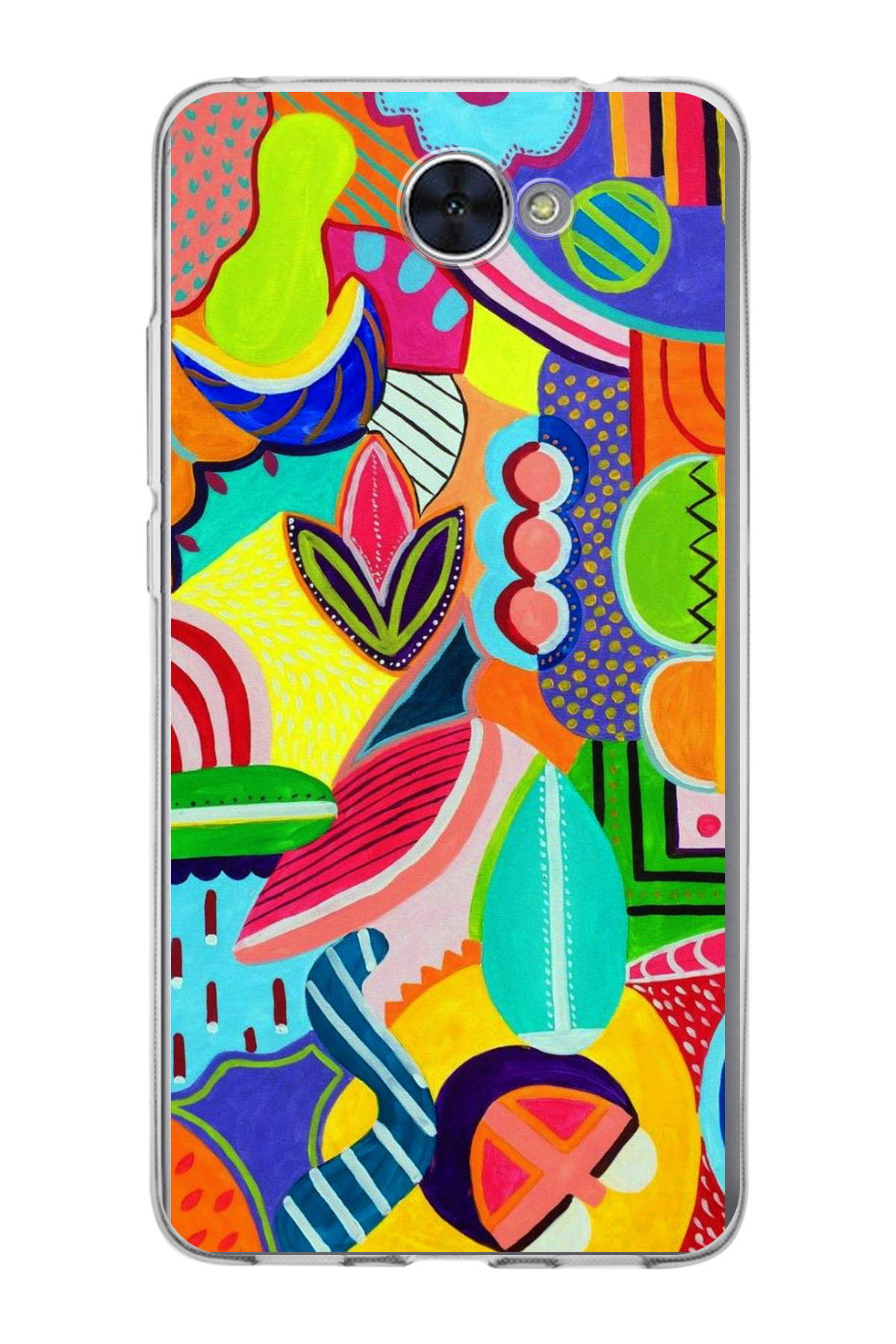 Huawei Y7 ile Uyumlu 1mm Slim Fit Retro Renkler 6 Baskılı Şeffaf Kılıf