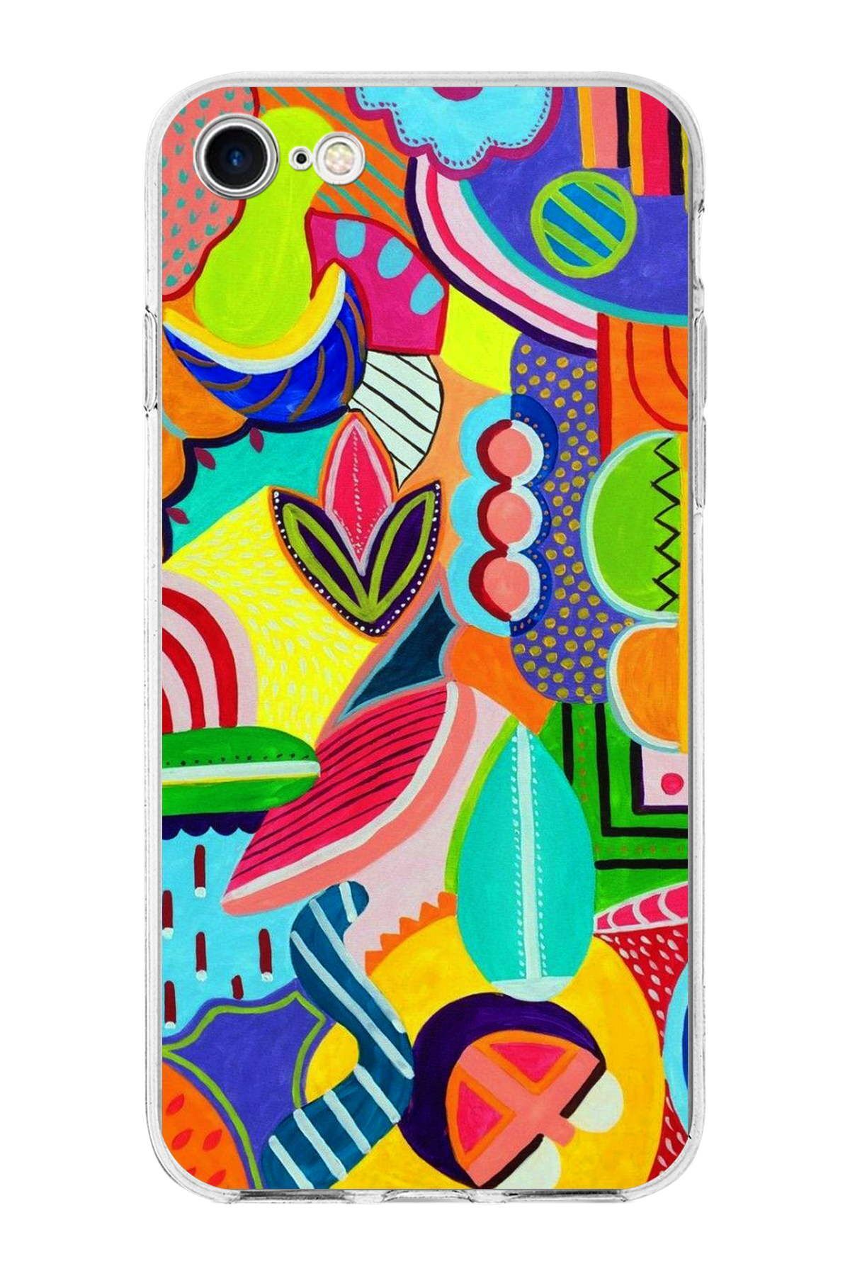 Apple iPhone SE ile Uyumlu 1mm Slim Fit Retro Renkler 6 Baskılı Şeffaf Kılıf