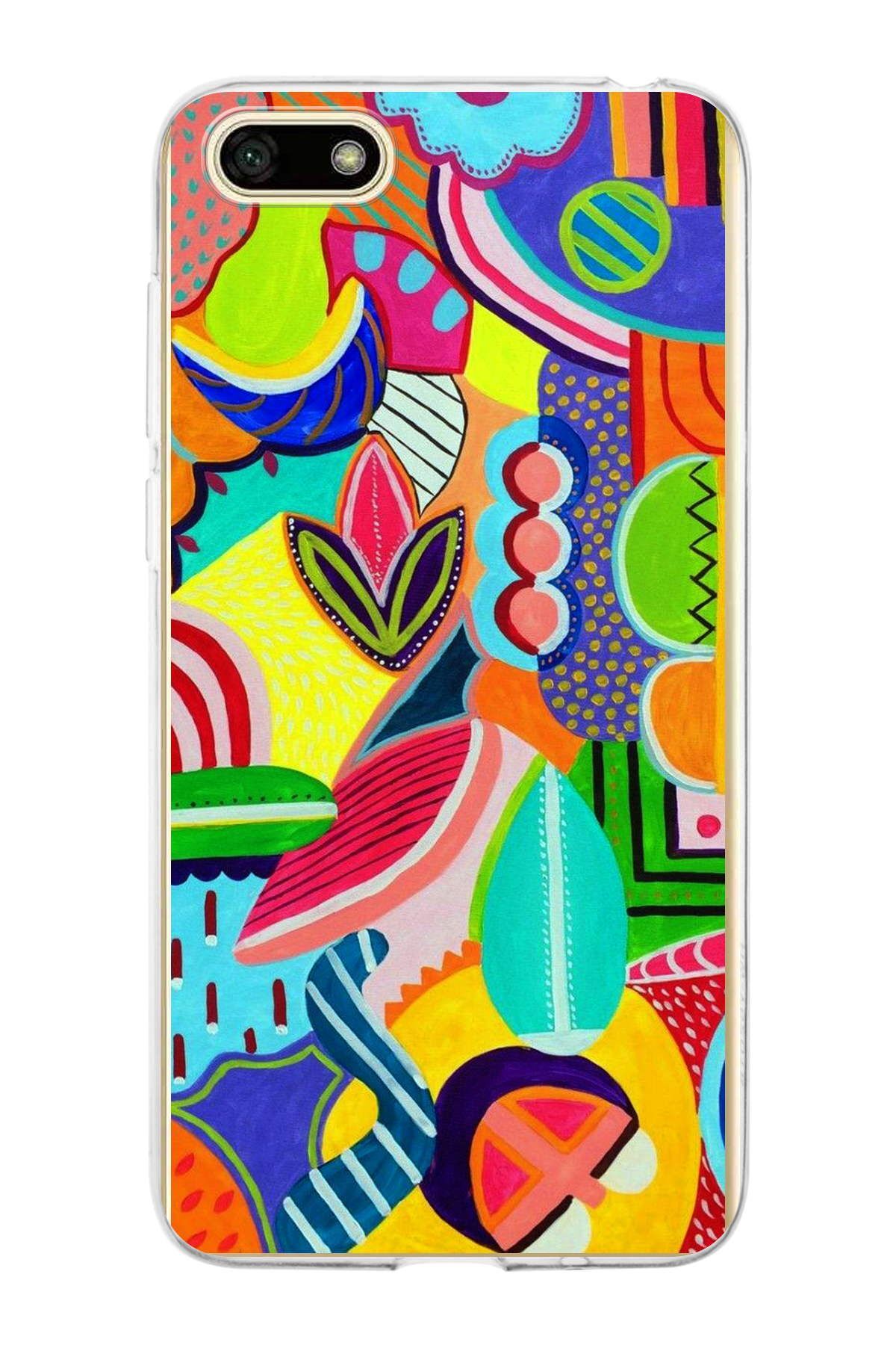 Huawei Y5 2018 ile Uyumlu 1mm Slim Fit Retro Renkler 6 Baskılı Şeffaf Kılıf