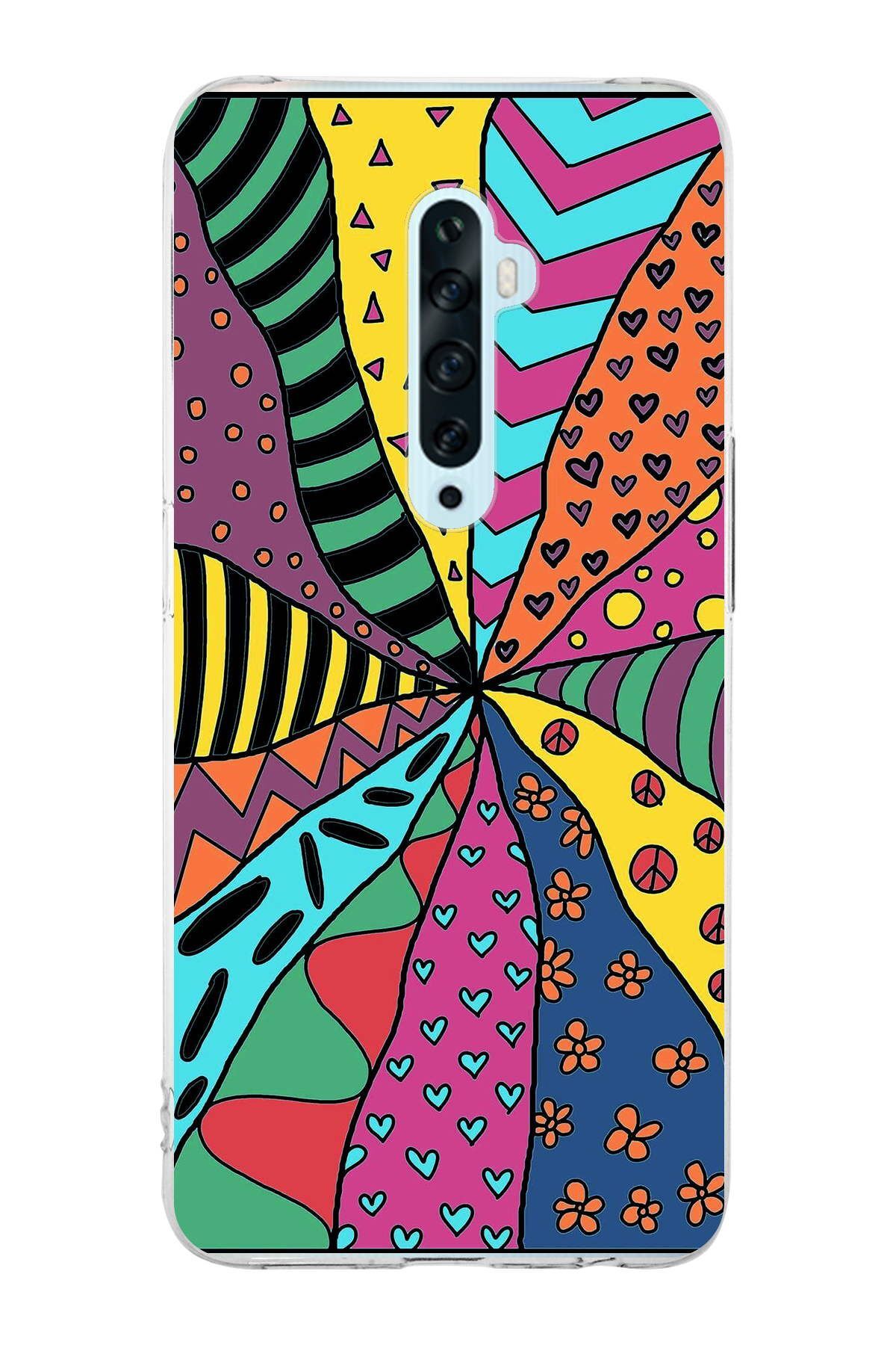 Oppo Reno 2Z ile Uyumlu 1mm Slim Fit Retro Renkler 4 Baskılı Şeffaf Kılıf