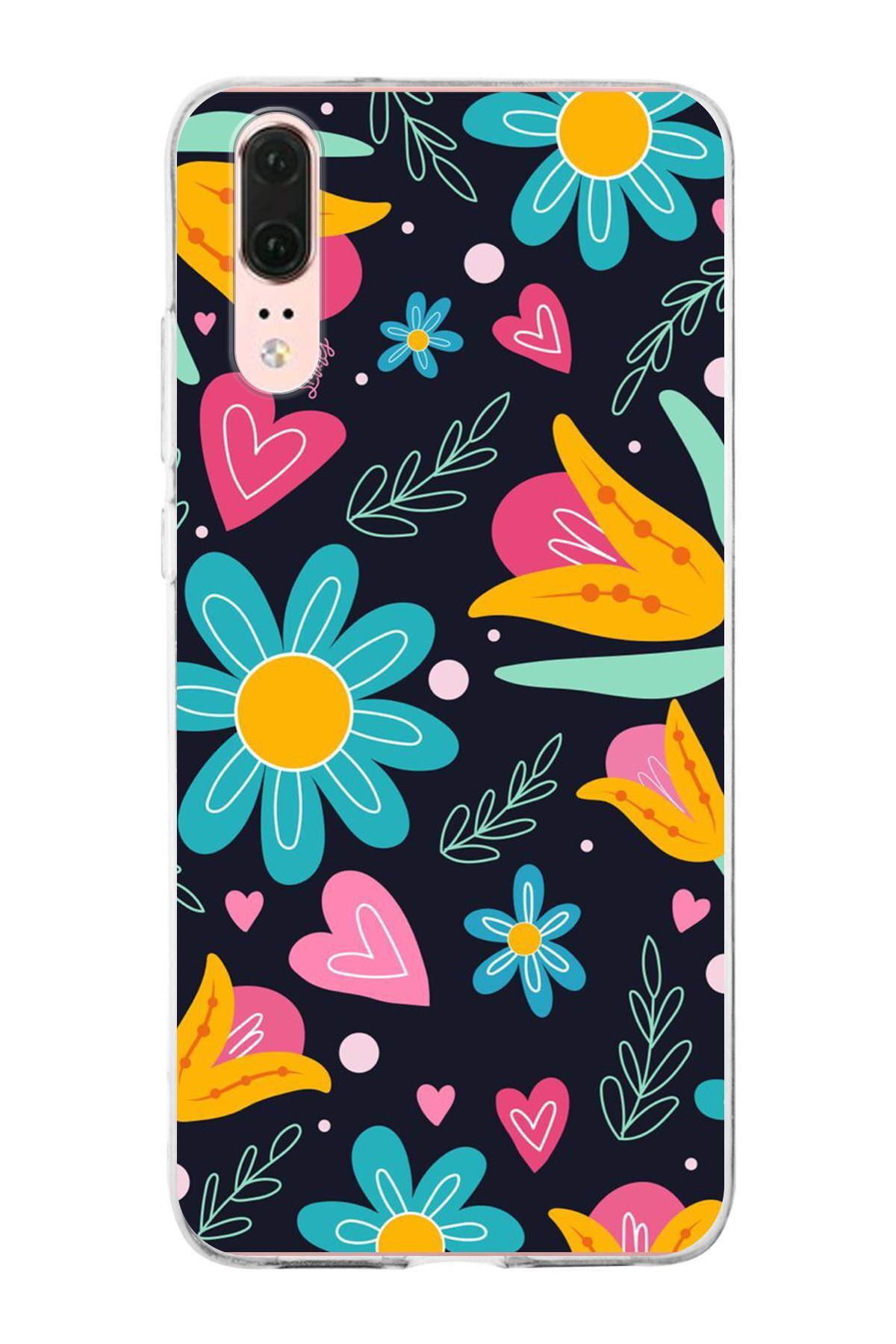 Huawei P20 ile Uyumlu 1mm Slim Fit Retro Renkler 1 Baskılı Şeffaf Kılıf