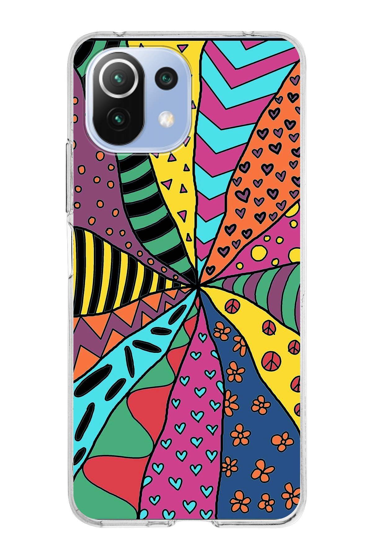 Xiaomi Mi 11 Lite ile Uyumlu 1mm Slim Fit Retro Renkler 4 Baskılı Şeffaf Kılıf