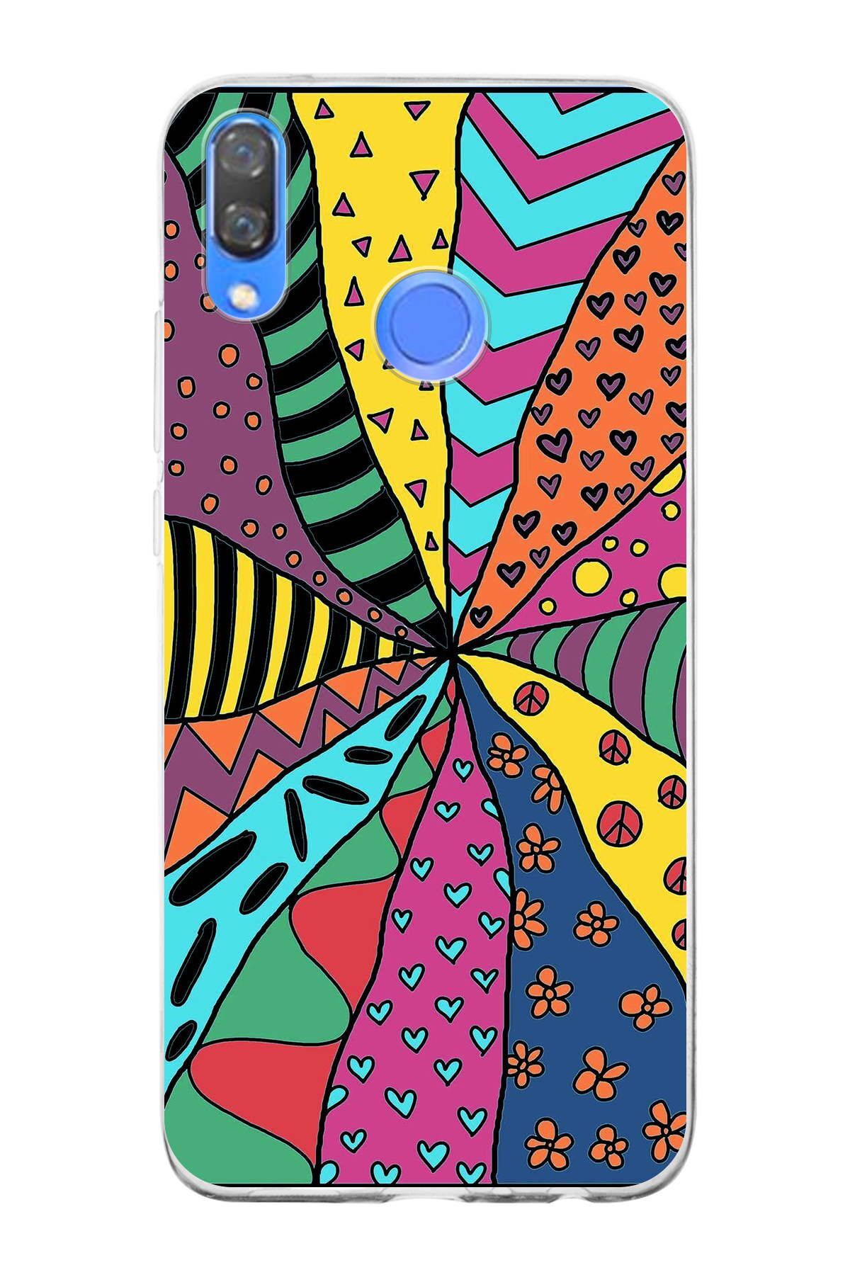 Huawei Y9 2019 ile Uyumlu 1mm Slim Fit Retro Renkler 4 Baskılı Şeffaf Kılıf