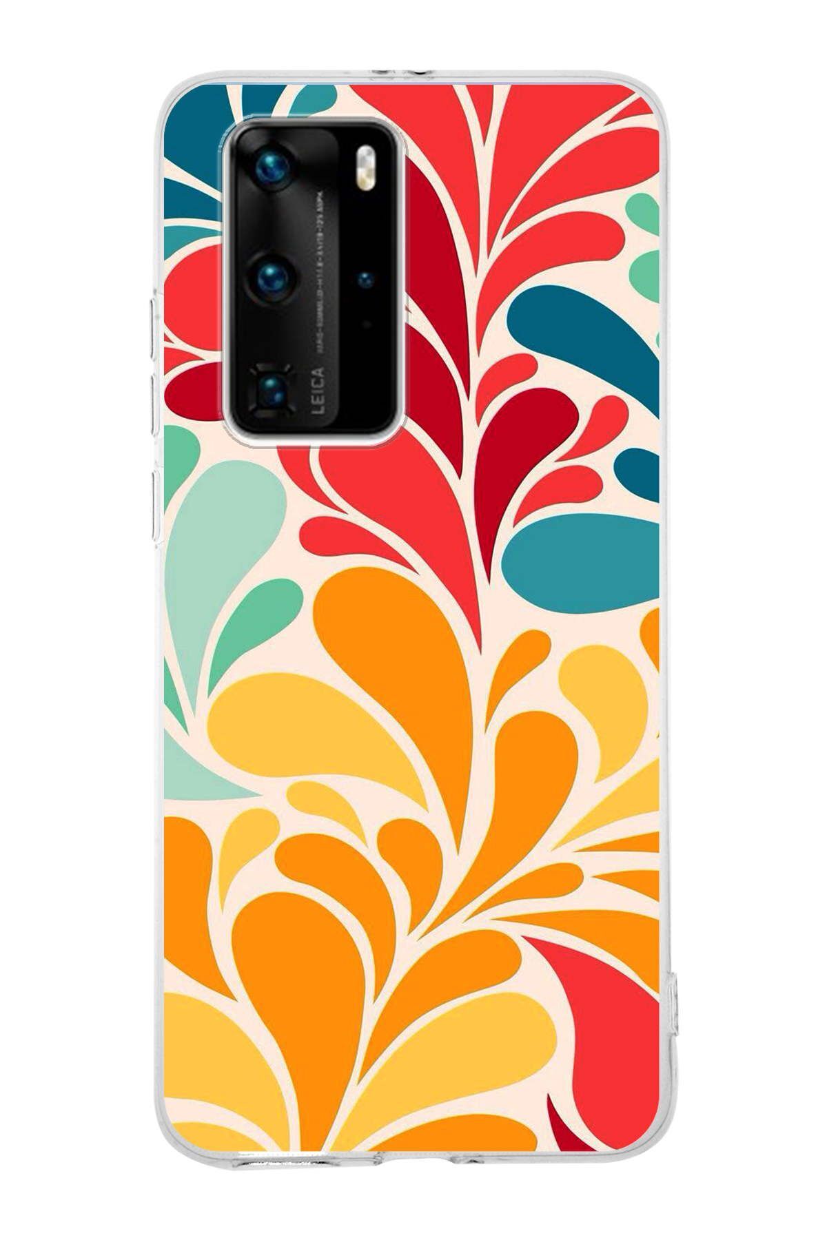 Huawei P40 Pro ile Uyumlu 1mm Slim Fit Retro Renkler 5 Baskılı Şeffaf Kılıf