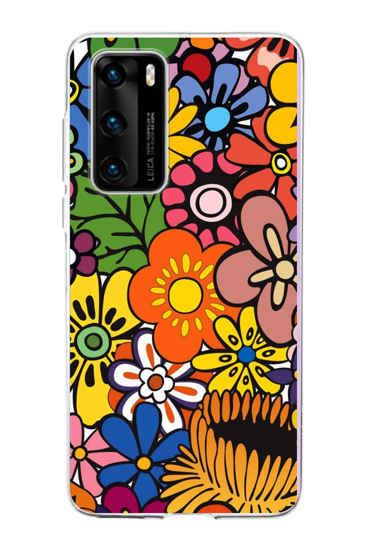 Huawei P40 ile Uyumlu 1mm Slim Fit Retro Renkler 2 Baskılı Şeffaf Kılıf