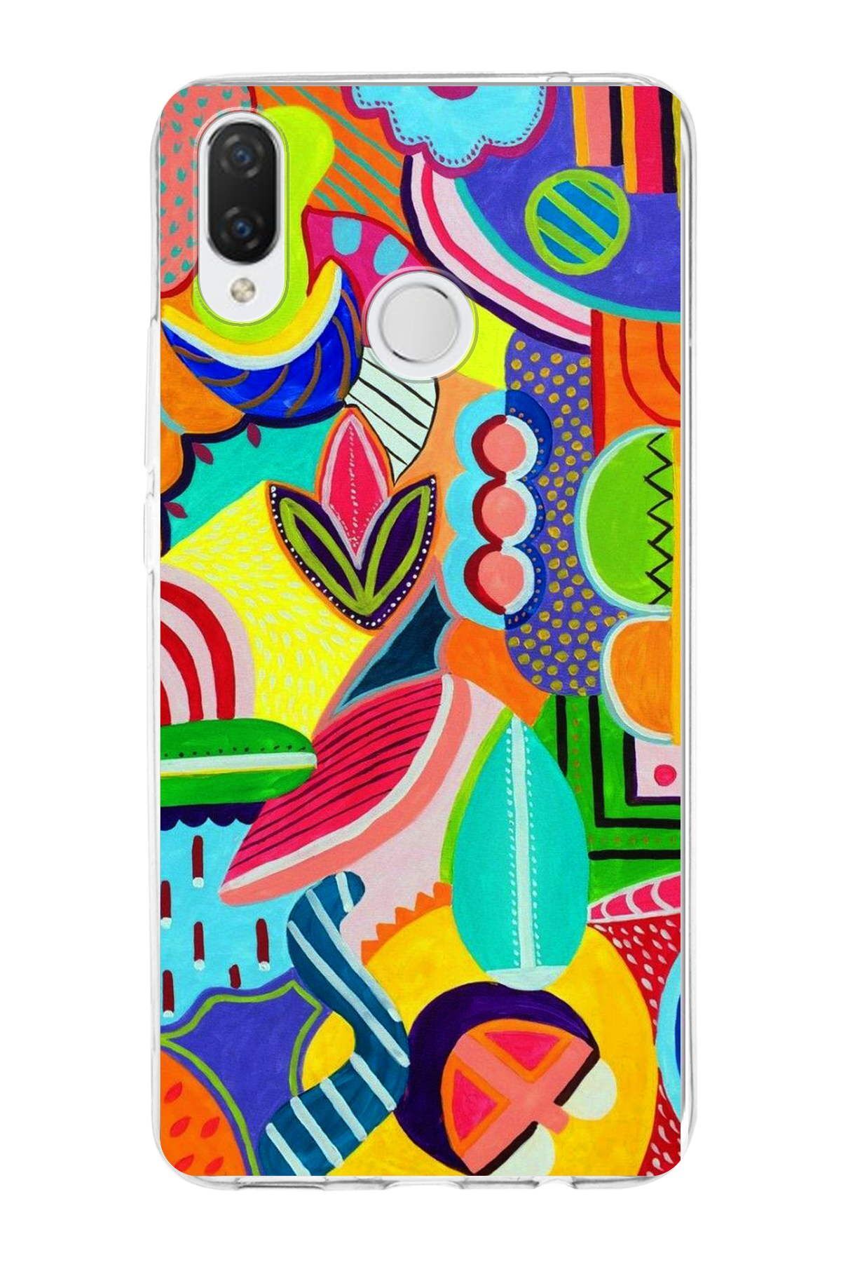 Huawei P Smart Plus ile Uyumlu 1mm Slim Fit Retro Renkler 6 Baskılı Şeffaf Kılıf