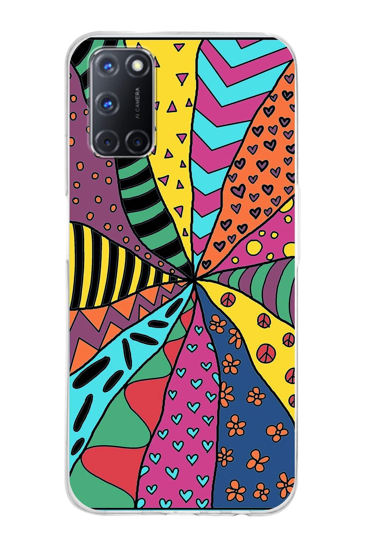Oppo A92 ile Uyumlu 1mm Slim Fit Retro Renkler 4 Baskılı Şeffaf Kılıf