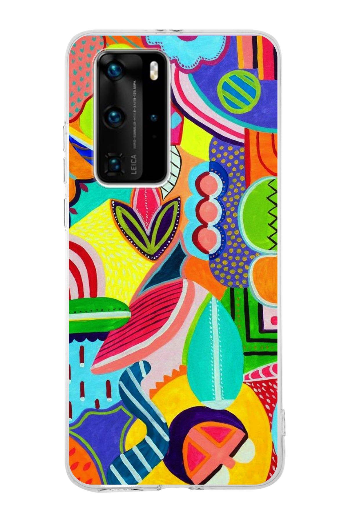 Huawei P40 Pro ile Uyumlu 1mm Slim Fit Retro Renkler 6 Baskılı Şeffaf Kılıf