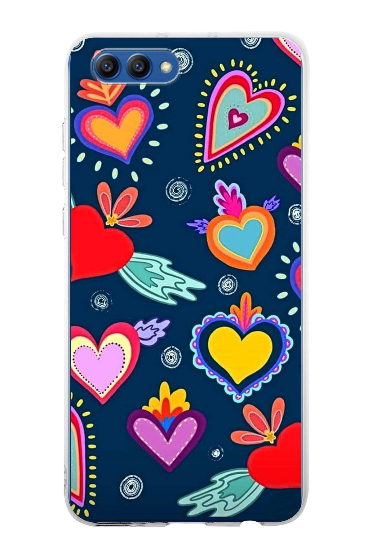 Huawei Honor View 10 ile Uyumlu 1mm Slim Fit Retro Renkler 3 Baskılı Şeffaf Kılıf