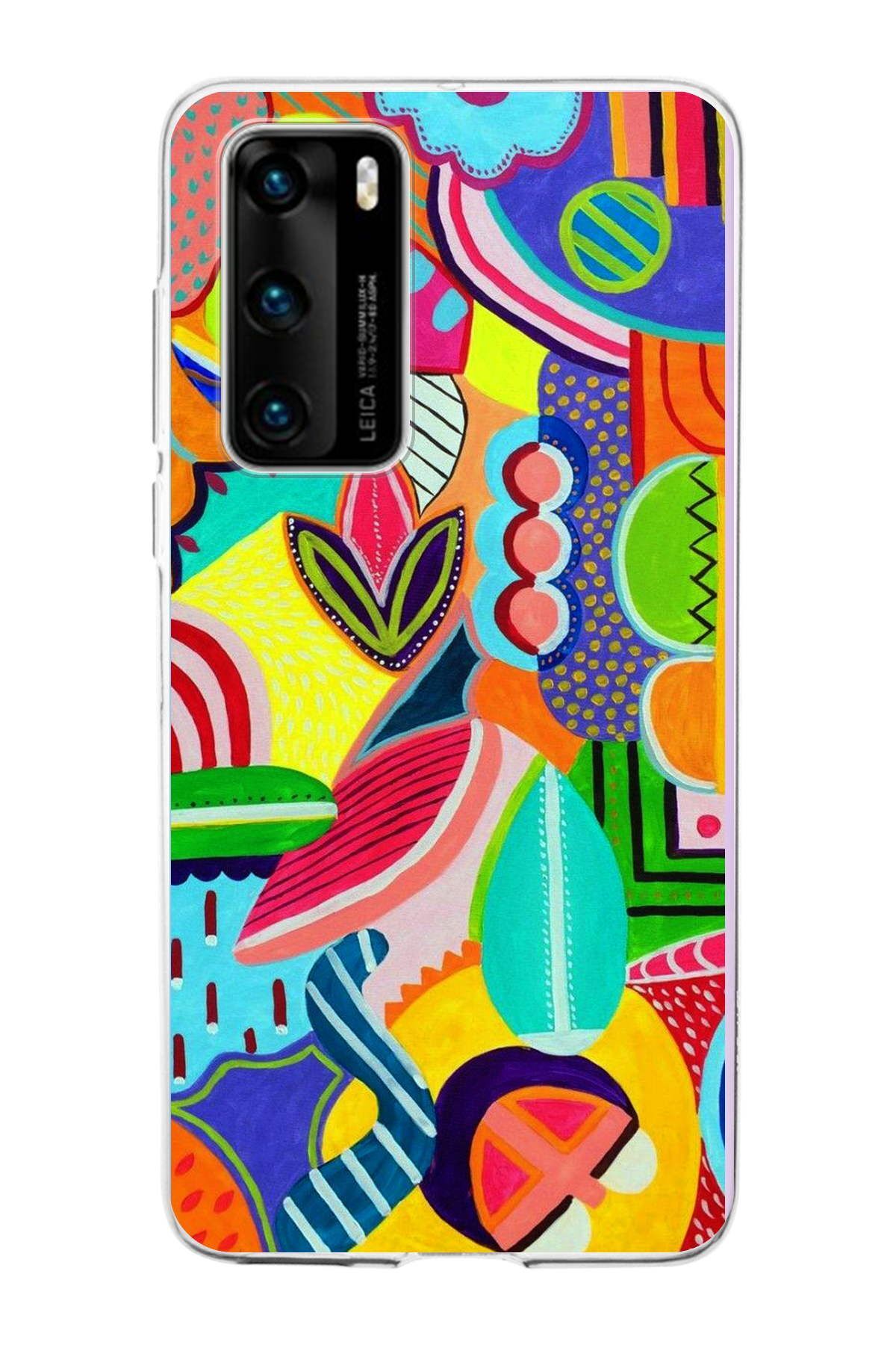 Huawei P40 ile Uyumlu 1mm Slim Fit Retro Renkler 6 Baskılı Şeffaf Kılıf