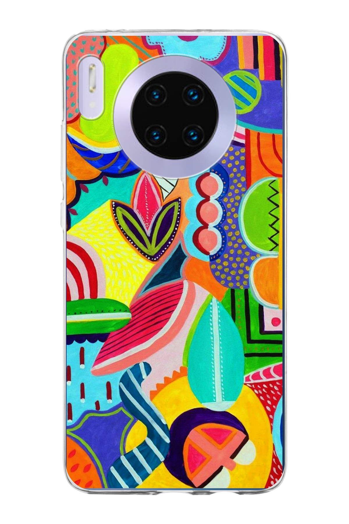 Huawei Mate 30 ile Uyumlu 1mm Slim Fit Retro Renkler 6 Baskılı Şeffaf Kılıf