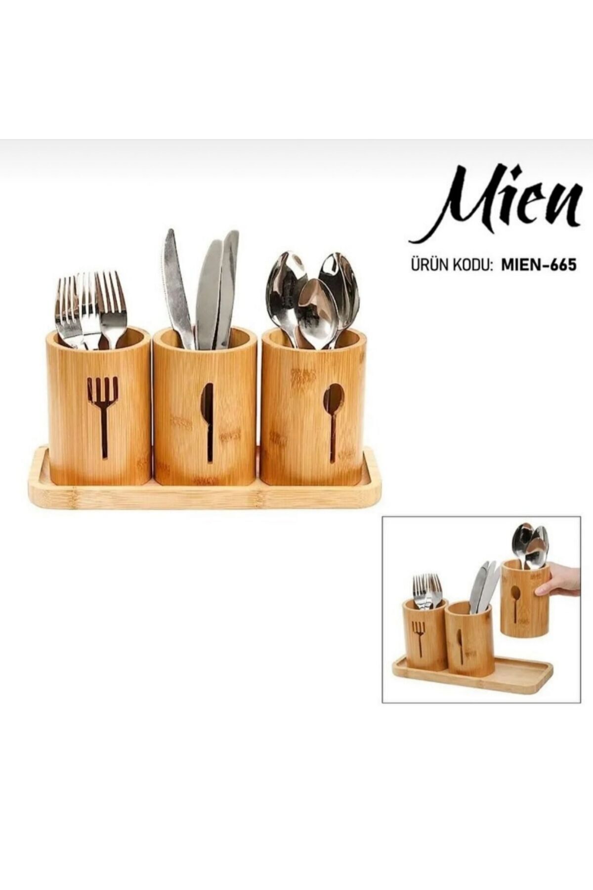 MİEN 3'lü Bambu Kaşıklık Seti  Kaşık Çatal Bıçak Düzenleyici 30x11