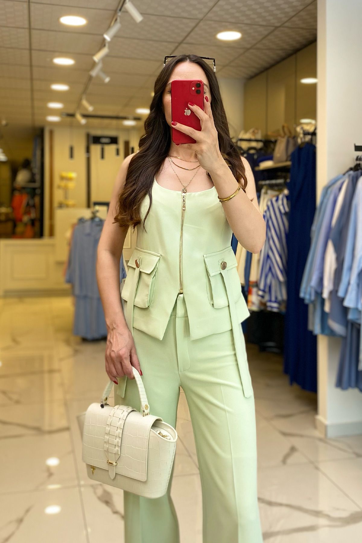 کت وشلوار سبز زنانه لباس جیب نعنا MIARTE ZIPPERED ZIPPER اورجینال Vosse