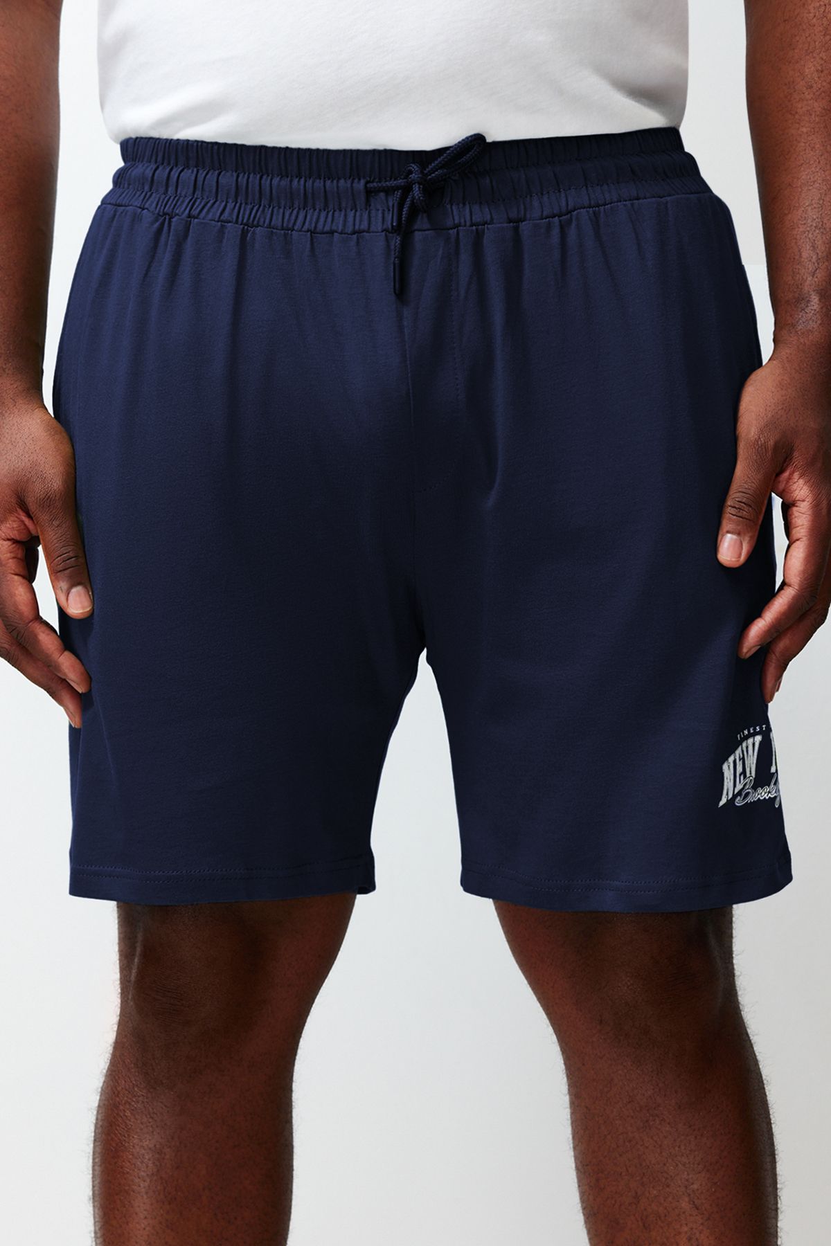 Trendyol Collection-Ecru Navy Blue Regular Fit Printed Plus Size Pajama Set with Shorts TMNSS24AI00005 5