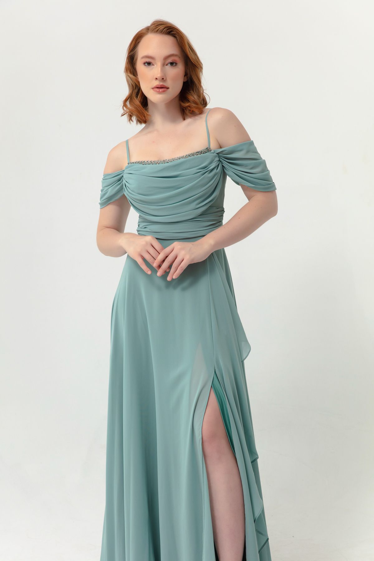 Lafaba-Langes Abendkleid für Damen in Türkis mit Seilträgern und Steindetail 3