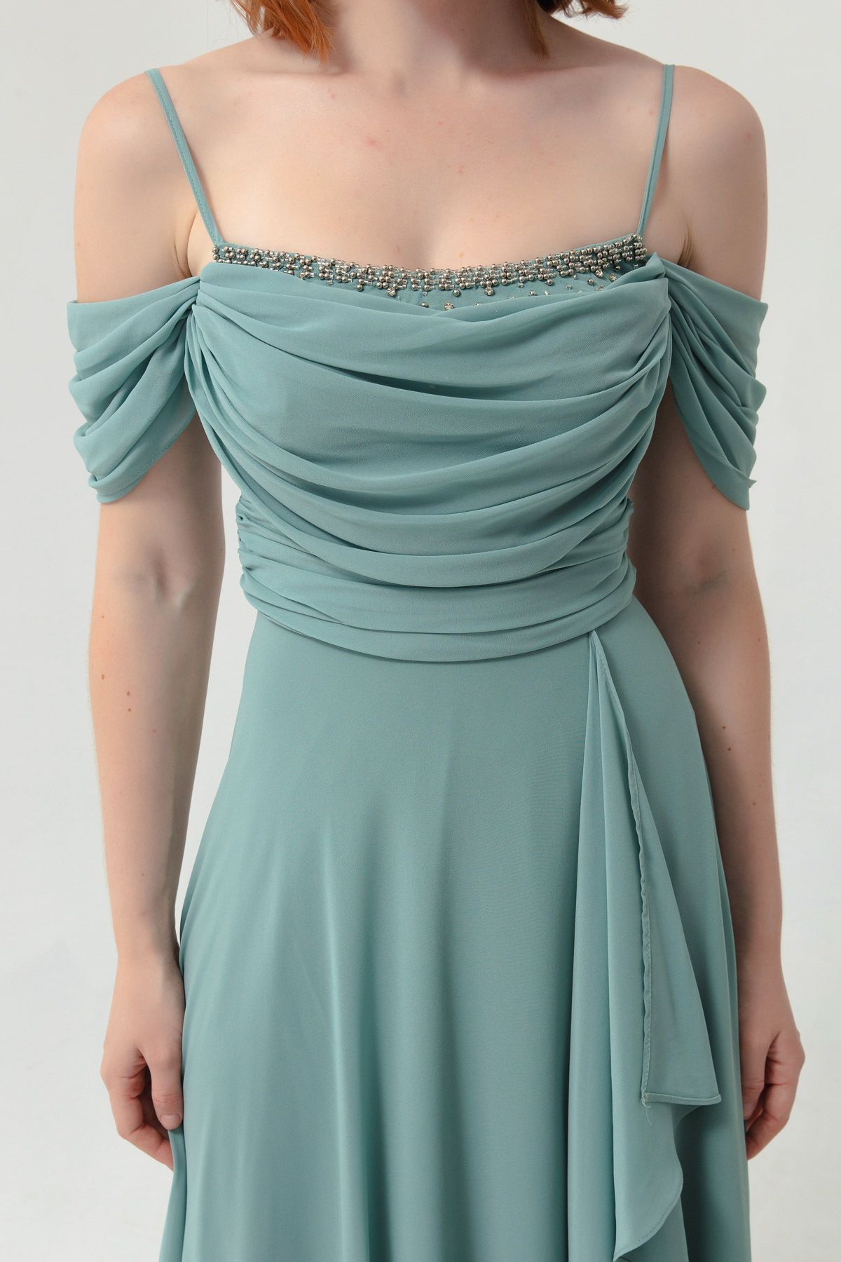 Lafaba-Langes Abendkleid für Damen in Türkis mit Seilträgern und Steindetail 2