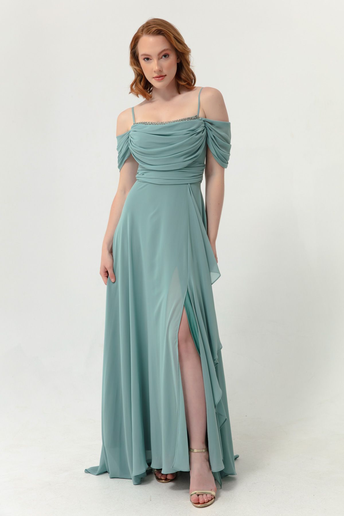 Lafaba-Langes Abendkleid für Damen in Türkis mit Seilträgern und Steindetail 4