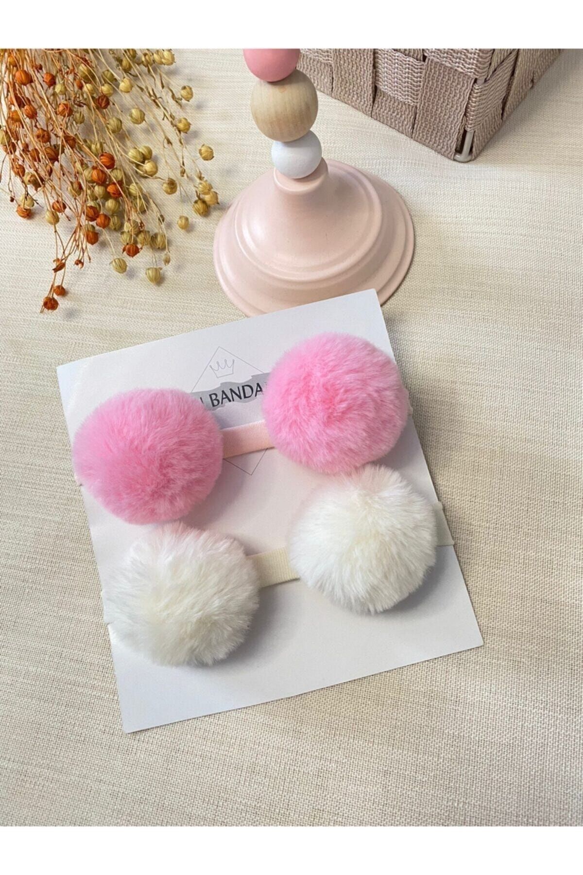 2'li Kız Bebek Pembe Ponpon Bebek Bandana Seti