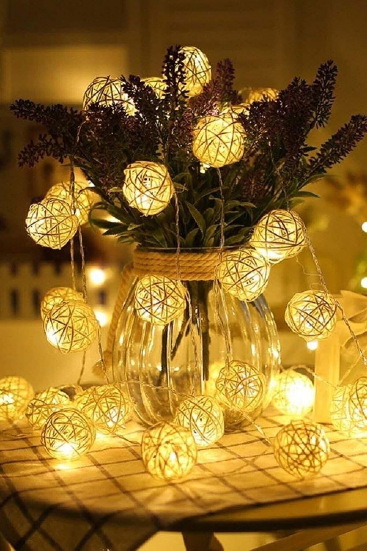 -led Işıklı Rattan Hasır Top Dizeleri 10'lu 2 Metre