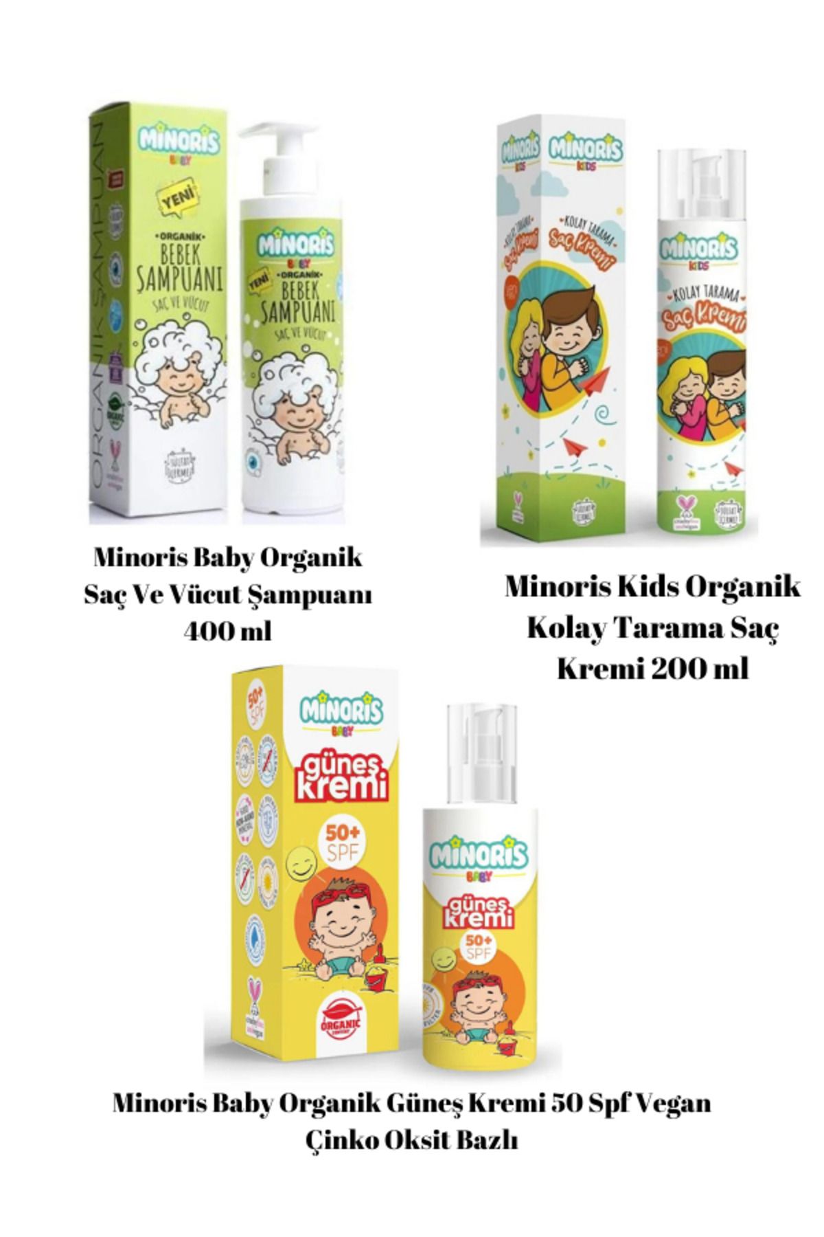 Minoris Bebek Güneş Kremi - Kolay Tarama Saç Kremi - Saç ve Vücut Şampuanı Seti