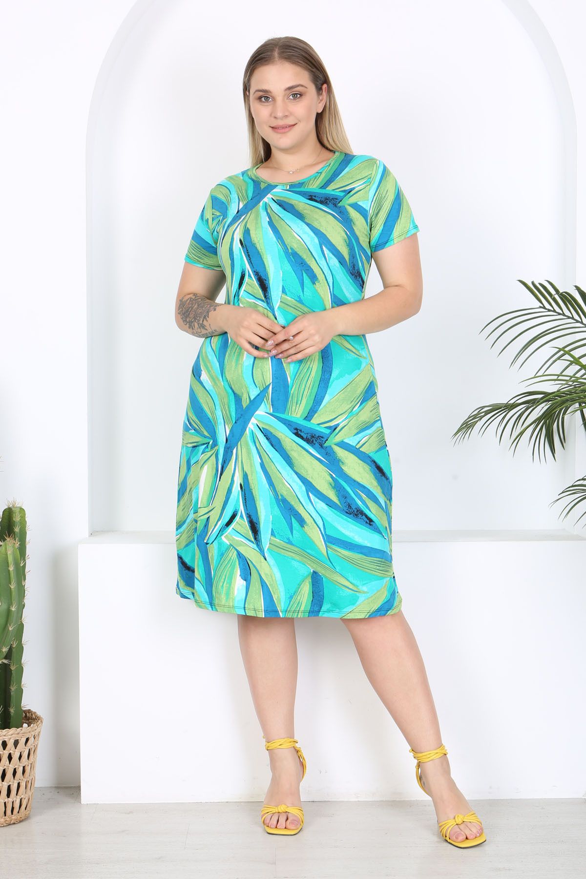 Madwilo-Rochie de bază din viscoză elastică cu model de frunze verzi albastre 2