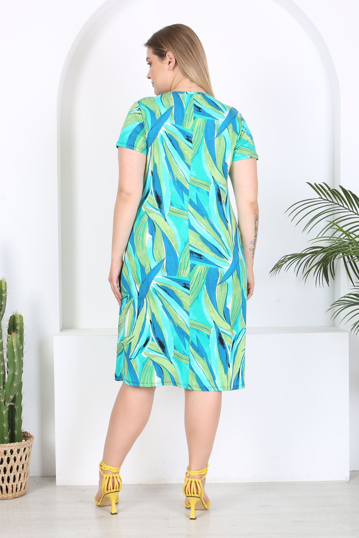 Madwilo-Rochie de bază din viscoză elastică cu model de frunze verzi albastre 6