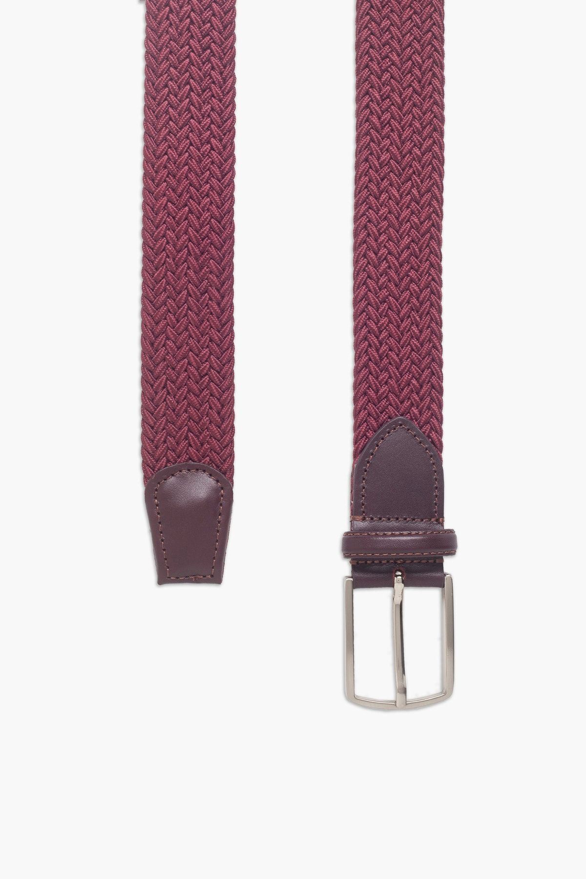 hateko-Men's Burgundy Genuine Leather Detailed Elastic Knitted Belt 2