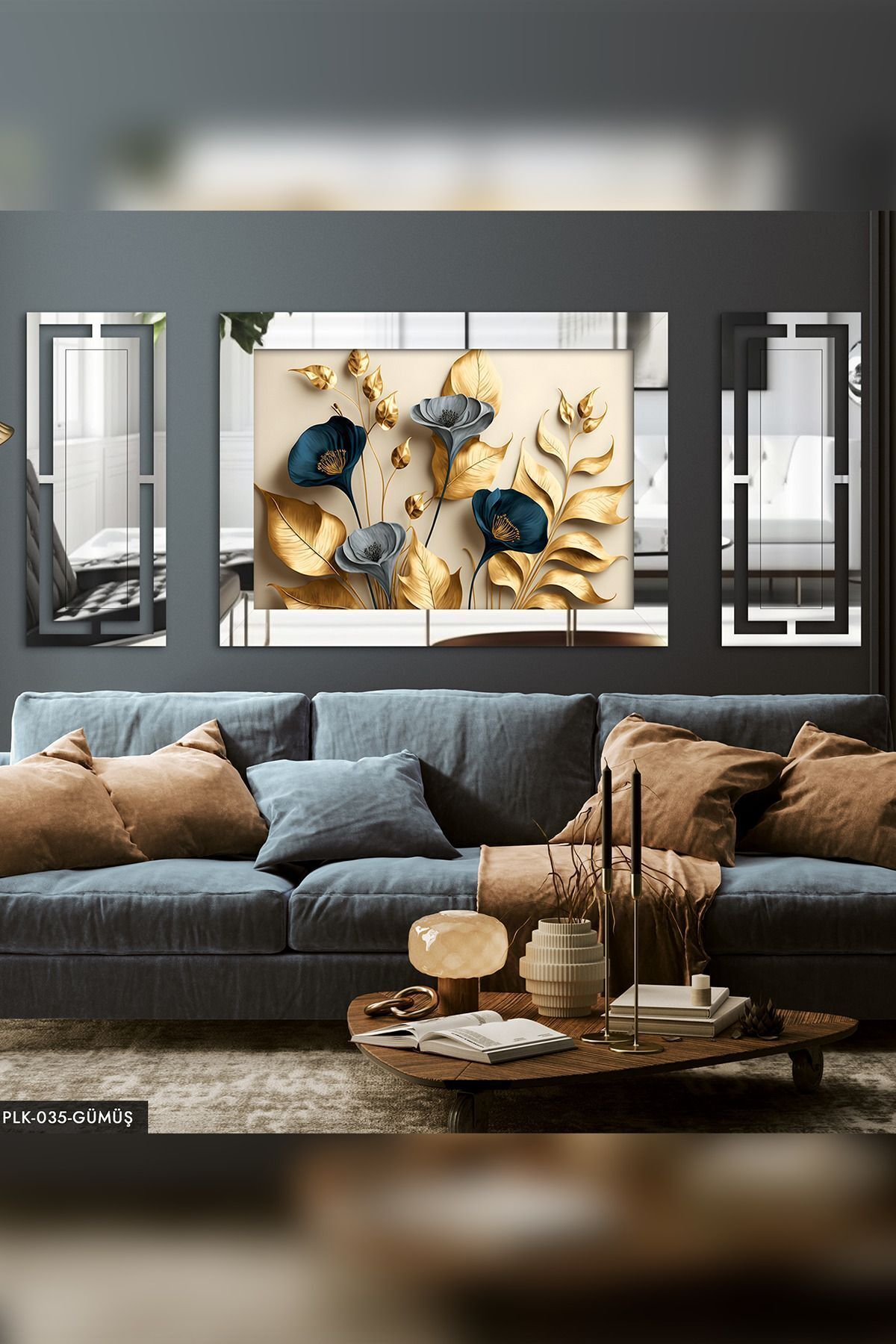 3-Piece Silver Plexiglass Painting with Elegant Gold Leaves and Blue Flowers and Branches Side Decoration