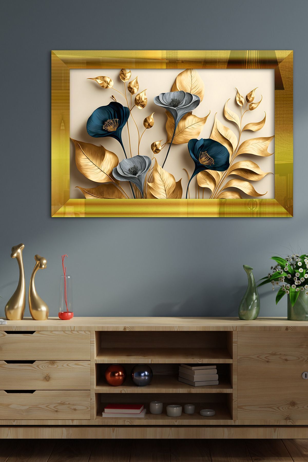 Elegant Gold Leaves and Blue Flowers with Branches One Piece Gold Plexiglas Painting