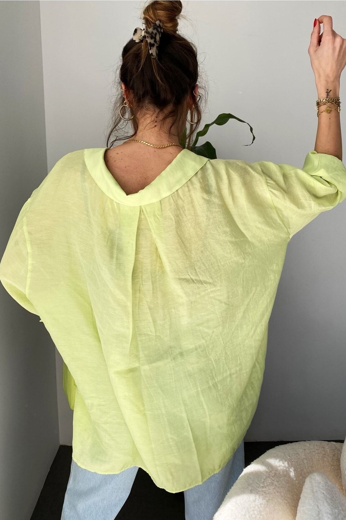 Suziş  Kadın Oversize Düşük Omuz Bol Kalıp Neon Yeşil Gömlek - Görsel 7