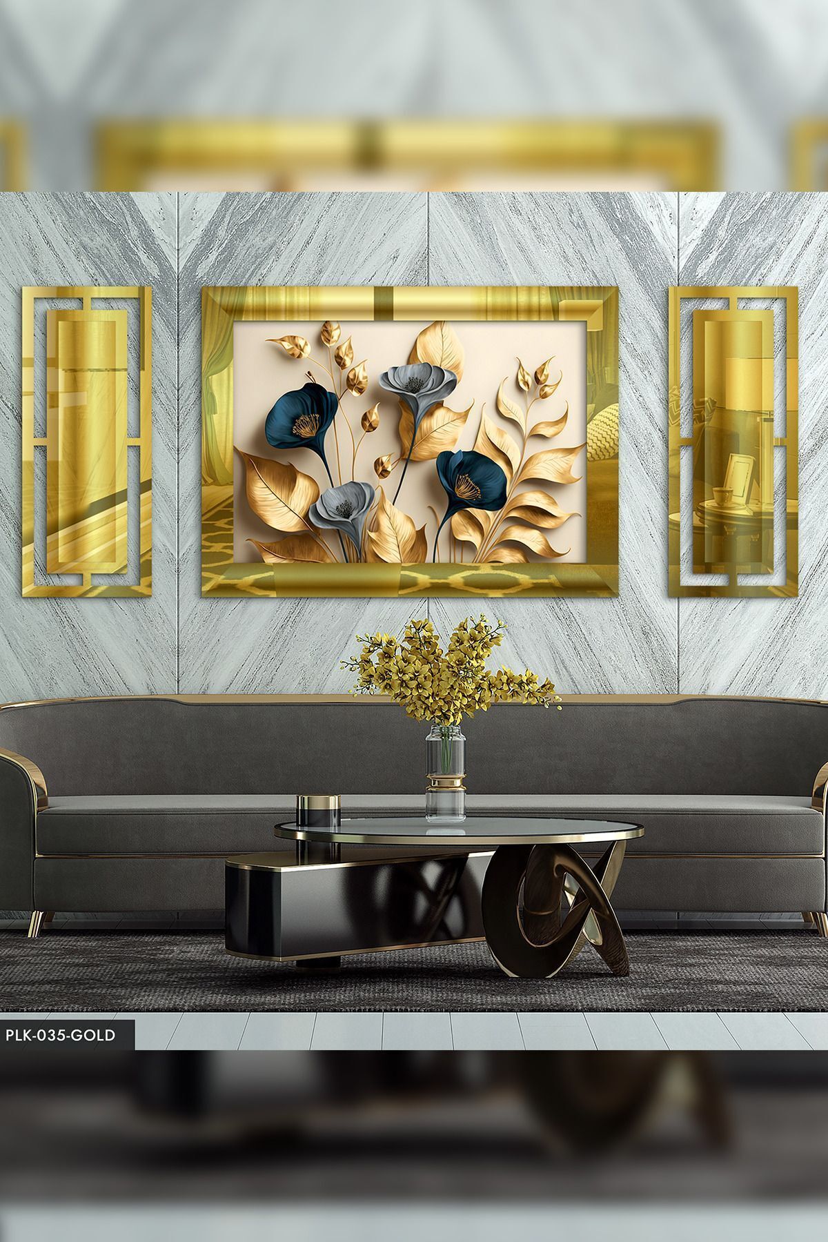 3-Piece Gold Plexiglass Table with Elegant Gold Leaves and Blue Flowers and Branches Side Decor