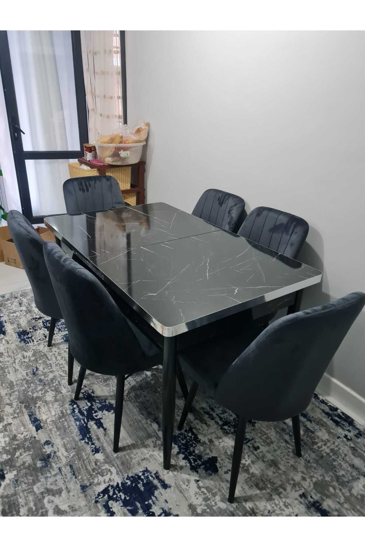 Açılabilir Yemek Masası Takımı %100 Mdf Masa Takımı Siyah Mermer Desenli Yemek Masası