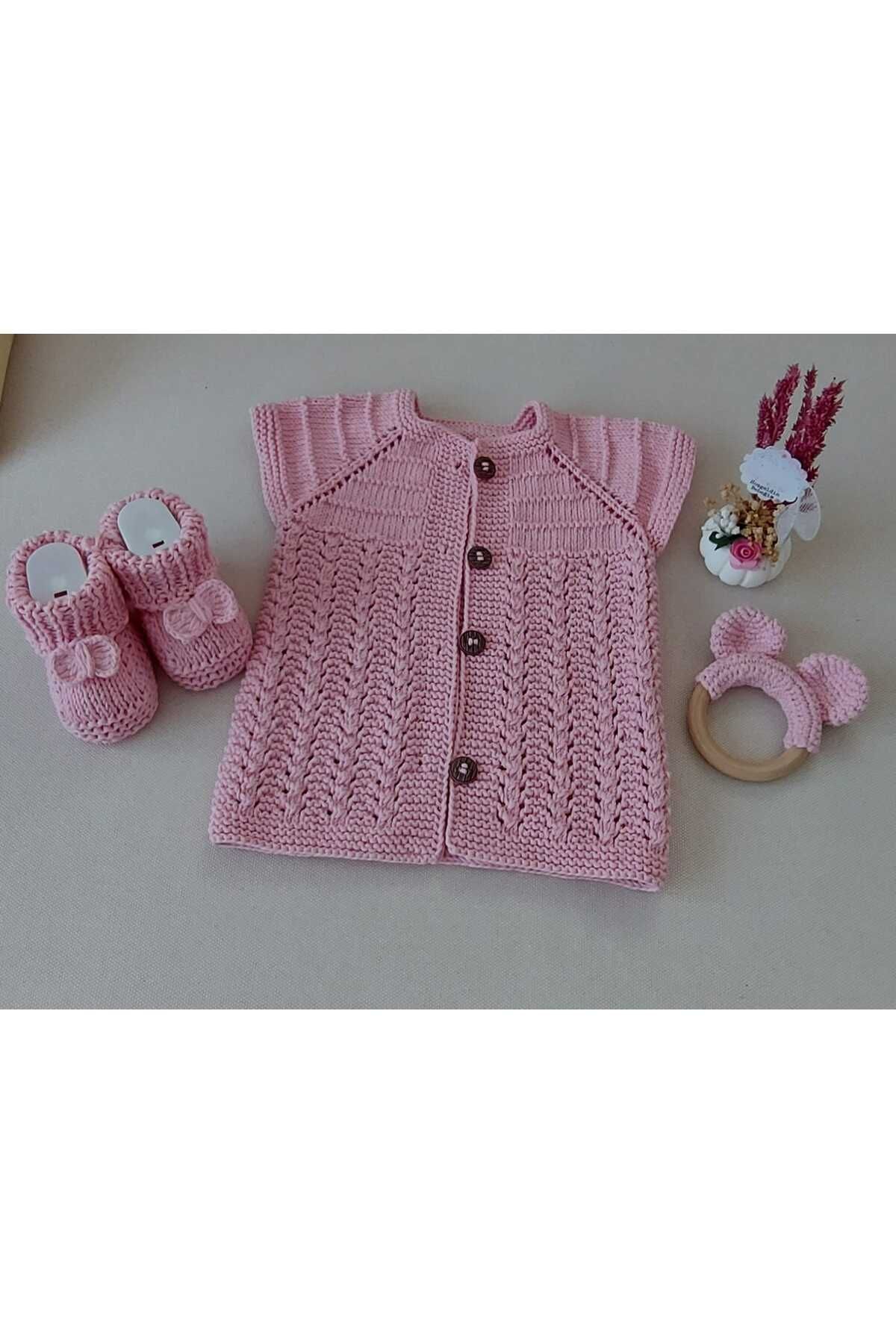 BEGİN Bebek Patik Yelek Diş Kaşıyıcı Organik Pamuk El Örgüsü Pembe Üçlü Takım fotoğrafı 2 (önizleme)