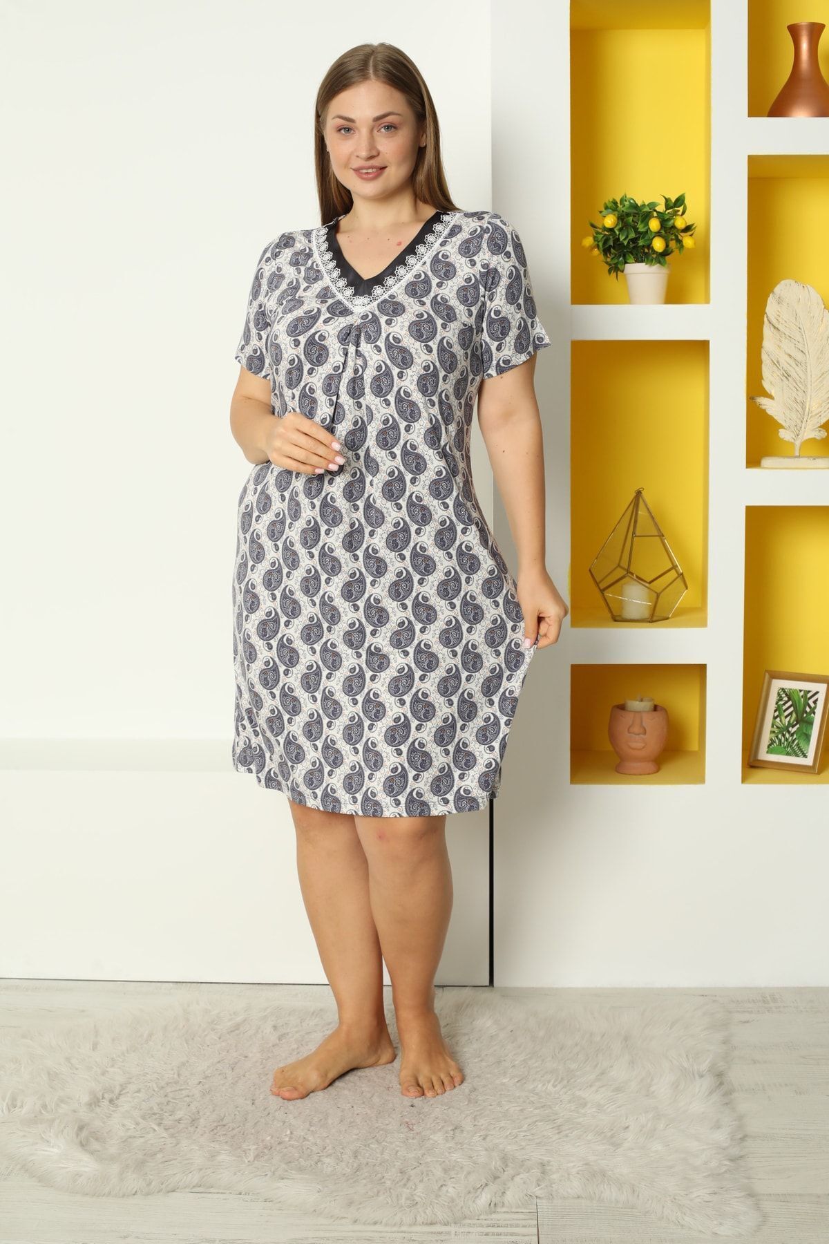 Lagertha by İntensive-Plus Size Patterned Lycra Viscose Nightgown with Lace and Satin Detail 2