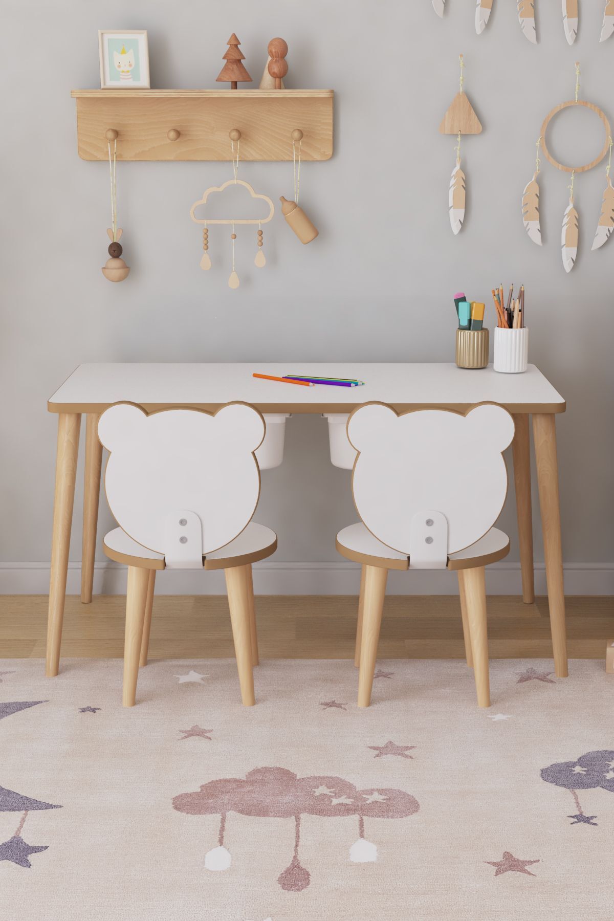 OBİ Atölye Çocuk Oyun Aktivite Masası 2 Sandalyeli Çekmeceli Çocuk Masası - Panda fotoğrafı 3 (önizleme)