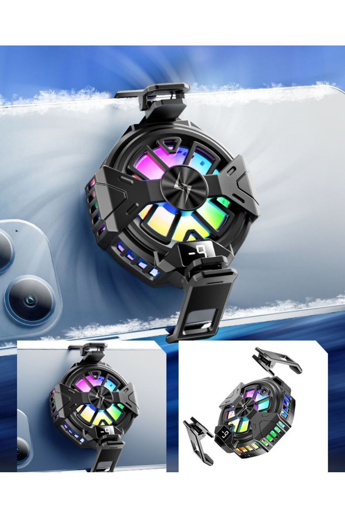 Mıknatıslı Mobil Fan RGB Led Işıklı Isı Derece Göstergeli Gaming Live Cep Telefon Soğutucu Radyatörü 7