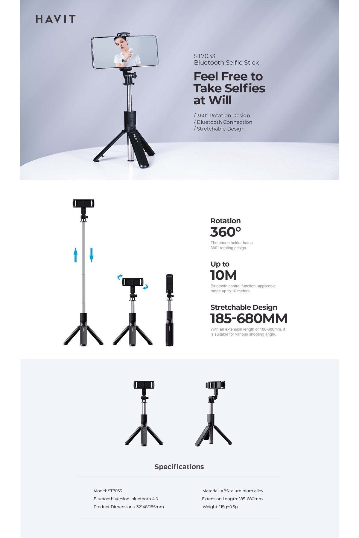 Havit-St7033 Model Bluetooth Selfie Stick - with Remote Control 7