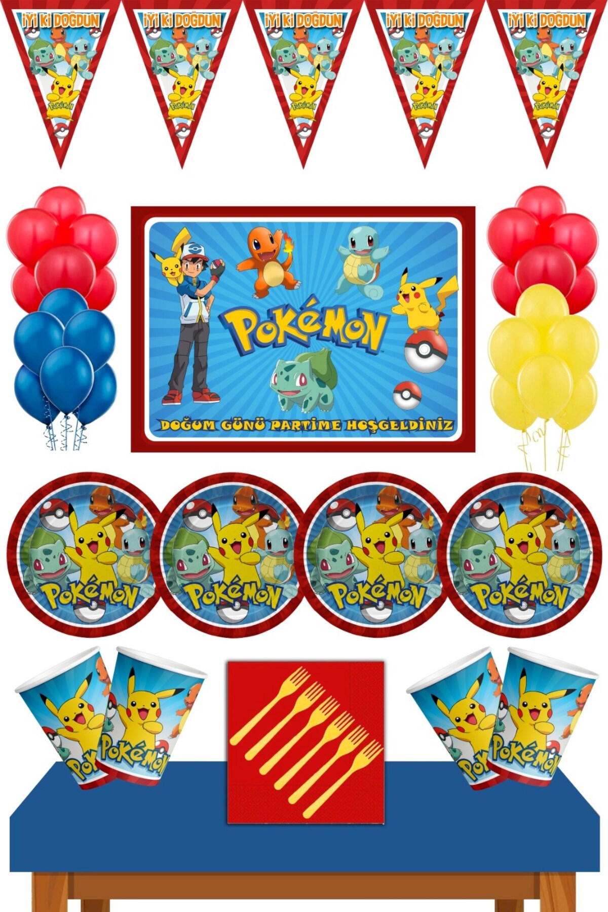 Parti Furyası Pokemon Doğum Günü Konsepti AFİŞLİ 16 Kişilik Pokemon doğum günü seti